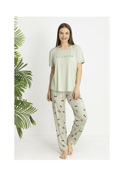 Estiva Kadın Ayıcık Alt Desenli Kısa Kollu Soft Pijama Takımı Yeşil