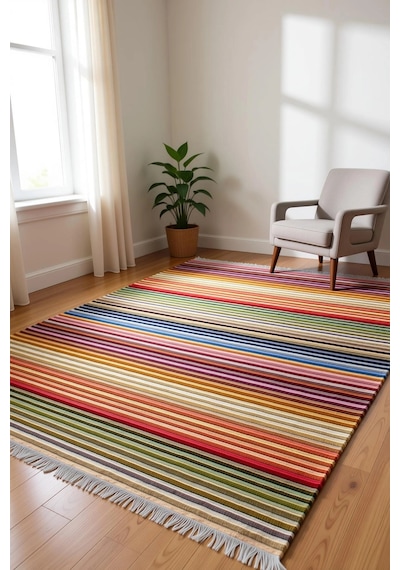 Renkli Çizgiler Modern Halı Dekoratif Kilim Çok Renkli