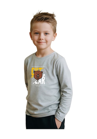 Panios Kids Düz Yuvarlak Yaka Cutte Bear Baskı Detaylı Erkek Çocuk Sweatshirt Gri
