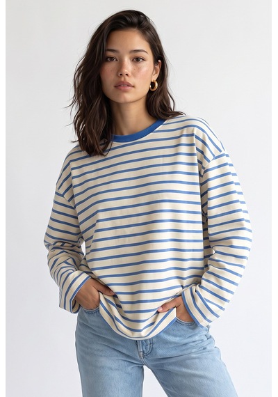 Mixray 2236 Çizgili Bisiklet Yaka Uzun Kol Oversize Sweatshirt Mavi