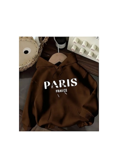 Herkesemoda Paris Baskılı Kapşonlu Kahverengi Sweatshirt Kahverengi