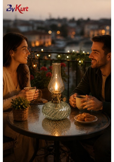 Gaz Lambası Cam Hazneli Dekoratif Nostaljik Kamp Piknik Bahçe Balkon Masa Üstü Aydınlatma Şeffaf