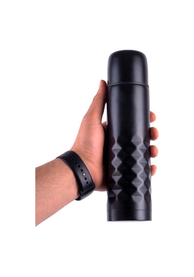Çift Katlı Kapaklı Siyah Çelik Termos Matara 0.50 Litre