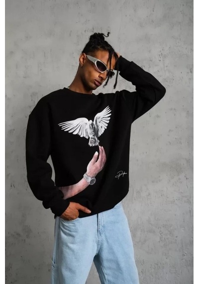 Vexor Erkek Güvercin Baskılı Sweatshirt - Siyah
