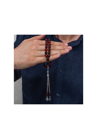 Metal Püsküllü Bordo Siyah Sıkma Kehribar Tesbih Gümüş Gümüş