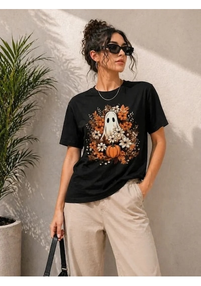 Defymoda Balkabağı Hayalet Baskılı Tişört Kısa Kol Yazlık T-shirt - Siyah