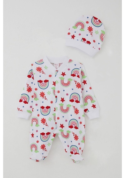 Breeze Kız Bebek Patikli Tulum Gökkuşağı Masalı Çiçek Desenli 0-6 Ay, Beyaz Beyaz