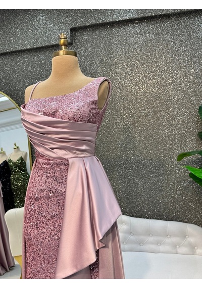 E&a Eren Abiye Tek Omuz Pelerinli Balık Abiye Pembe