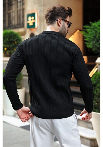 Madmext Siyah Polo Yaka Desenli Over Fit Erkek Triko Kazak E7517