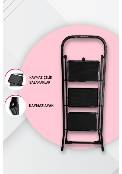 Portalife 3 Basamaklı Siyah Çelik Şık Merdiven 3 Basamak