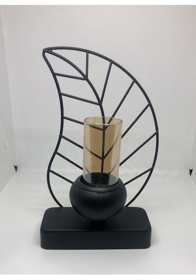 Yaprak Tealight Siyah/gold Metal Mumluk 28 Cm Mat Siyah