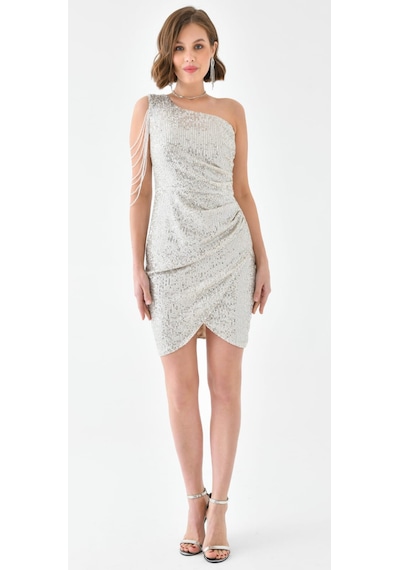 Hanife Glam Couture Hanife Glam Tek Omuz Taş Tasarımlı Mini Pulpayet Elbise Gümüş