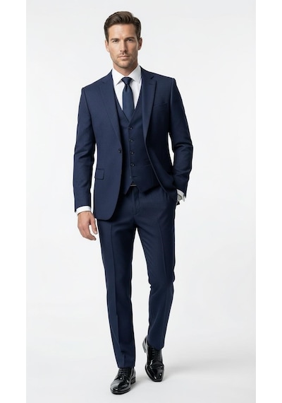 Erkek Klasik Slim Fit Armürlü Kumaş Tek Düğmeli Çift Yırtmaçlı Klasik Yaka Takım Elbise 7 Drop Lacivert