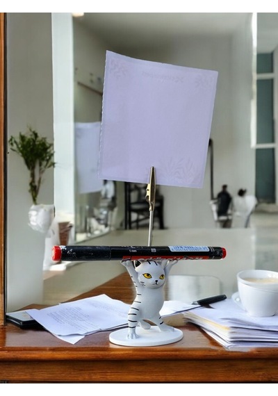 Gri Çigili Kalem Tutabilen Dansçı Kedi Fotoğraf Not Tutacağı Ofis Masası Hediyelik Gri