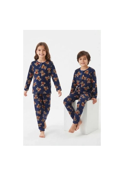 Veraura Lifestyle 6/14 Yaş Ayıcık Baskılı Pamuk Penye Çocuk Pijama Takımı Lacivert