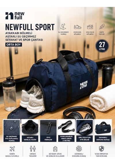 Newfull Sport Ayakkabı Bölmeli Astarlı Su Geçirmez Seyahat Ve Spor Çantası-orta Boy Lacivert