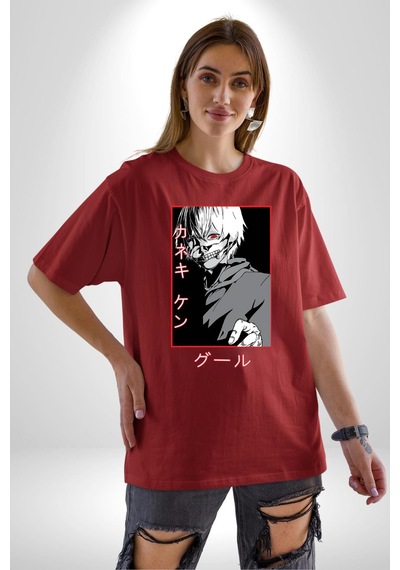 Kaneki Ken Kuma Japon Anime Şeytan Pamuklu Bisiklet Yaka Unisex Oversize Boyfriend Dijital Baskılı Kırmızı T-shirt Kırmızı
