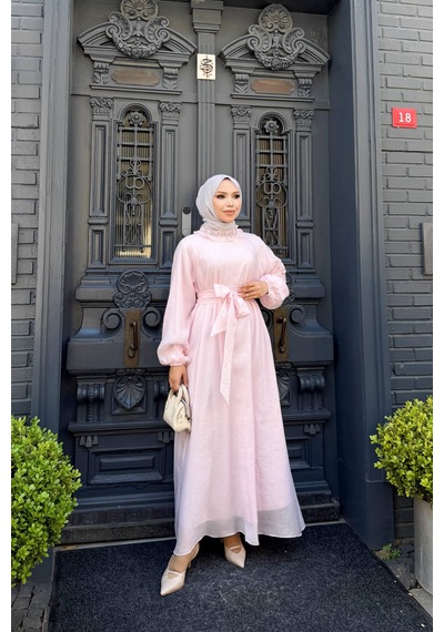 Cgx İnci İşlemeli Tül Tesettür Elbise Pembe