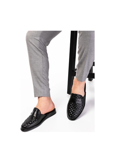 Gondol Erkek Hakiki Deri Örgü Desen Damat Ev Terliği Kayaş.102 Siyah