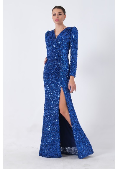 Feminist Saks Pul Payetli Drapeli Önü Yırtmaçlı Abiye 9705393.26 Saks