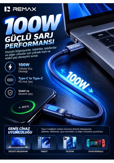 Remax Cb11-cc 100w Pd Type-c To Type-c 7 Renk Led Işıklı Örgülü Hızlı Şarj Ve Data Kablosu 1.2 Metre Lacivert