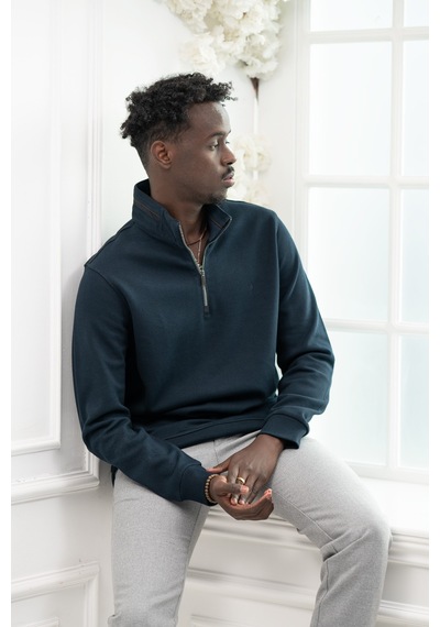 San&Fa Regular Fit Biyeli Fermuarlı Dik Yaka Armürlü Pamuklu Sweatshirt Lacivert