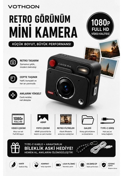 Nostaljik Tasarımı Retro Görünüm Kare Mini Foto Video Kamera 1080p Full Hd 32gb Kart li