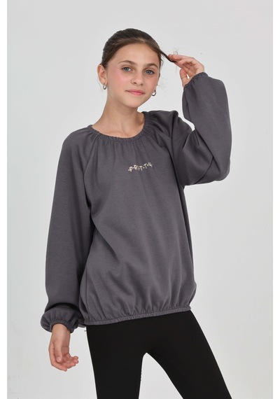 Toontoy Kız Çocuk Pretty Baskılı Sweatshirt Füme Melanj