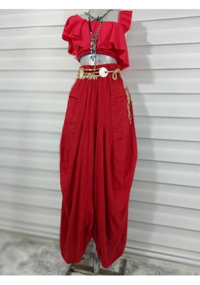 Bohem Stil İtalyan Cepli Keten Şalvar Pantolon Cmn00154 Kırmızı