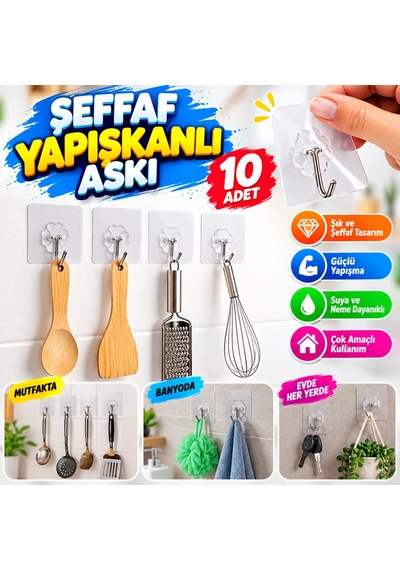 Storeşahin 10 Adet Kendinden Yapışkanlı Şeffaf Askı Shn0720 -şeffaf