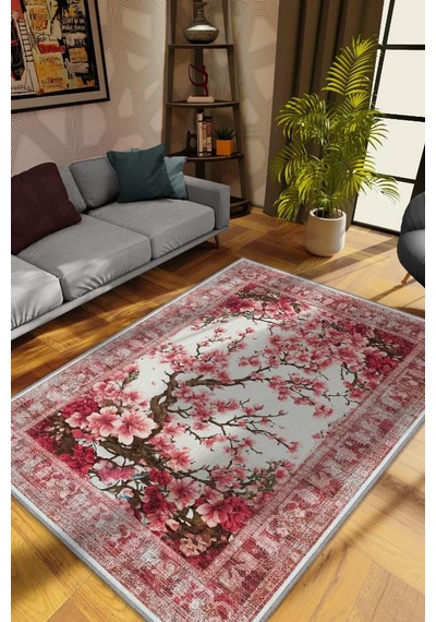 Homshtag Art Deco Bahar Çiçekleri Vintage Halı Görünümlü Dijital Baskı Pembe Halı,rustik Çiçekli Halı Çok Renkli