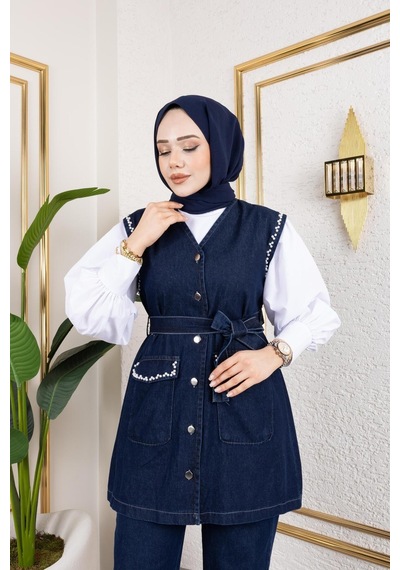 Harman Butik Kadın Boncuk İşlemeli Kuşaklı Yelek-pantolon 2li Takım Lacivert Lacivert