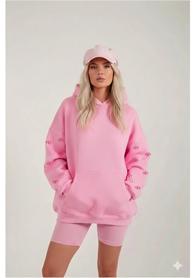 Blausee Wear Pembe Sevgililer Günü Oversize Rahat Kalıp Eye Crown Baskılı Kapüşonlu Sweatshirt Pembe