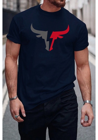 Erkek Boğa Silüet Baskılı Oversize Tshirt Lacivert