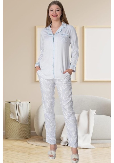Mecit Pijama Mecit 5143 Bayan Mavi Boydan Düğmeli Uzun Kollu Pijama Takımı 001