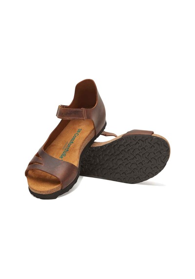 Comfortfusse Daisy - Kadın Ortopedik Hakiki Deri Sandalet Kahverengi Yağlı Deri
