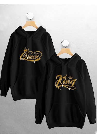 Macklin Sevgili Çift Kombini King Queen Baskılı Tasarım Kapüşonlu Sweatshirt 2'li Set Takım Siyah Mck0940 Siyah