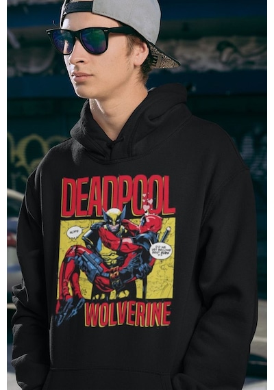 Sevbano Deadpool X Wolverine Baskılı Unisex Oversize Marvel Karakter Hood Siyah
