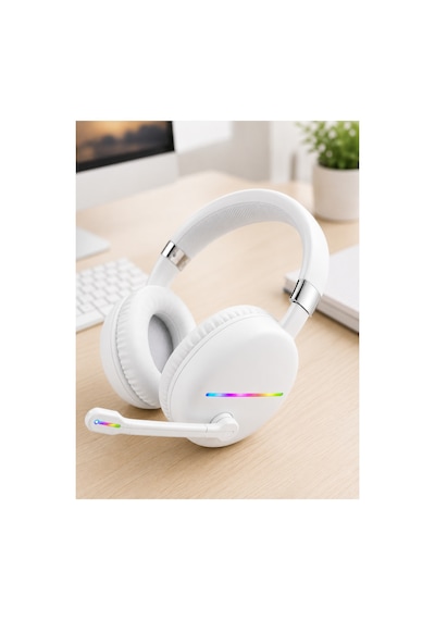 Kullanışlı Kablosuz Bluetooth Mikrofonlu Beyaz Kulaklık Rgb Işıklı