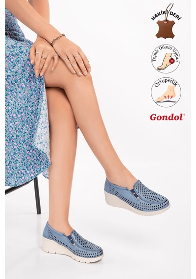 Gondol Hakiki Deri Dolgu Taban Rahat Yazlık Ayakkabı Esfa.4001 Mavi
