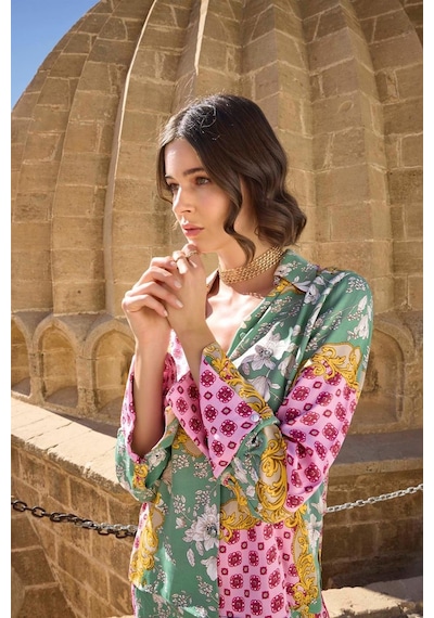 Monamise Kadın Çiçek Ve Yaprak Desenli Pijama Takımı 23001 Çok renkli