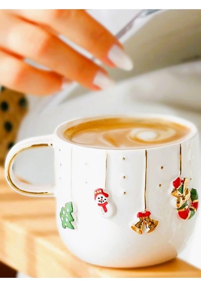 Celine's Wonders Kabartmalı 24 Ayar Altın Dekorlu El Yapımı Kupa 300 Ml Yılbaşı Kupa Christmas Mug Yılbaşı Fincan 1 Adet Beyaz - Çok Renkli