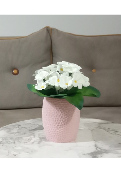 Vazoda Beyaz Yapay Çiçek Dekoratif Pembe Petek Desenli Poliresin Vazo Dahil 8 x 8 x 15 CM