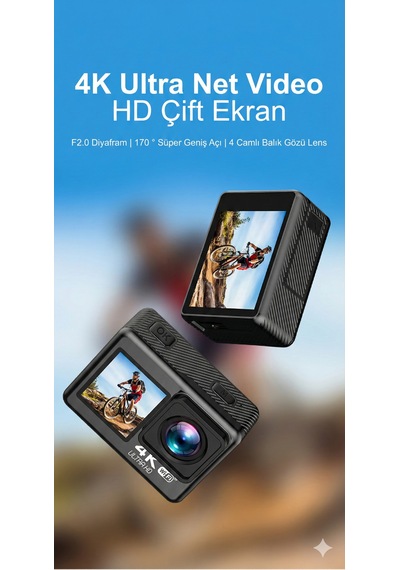 4k Wifi Aksiyon Kamera Çift Ekranlı Ultra Hd Spor Kamerası Su Geçirmez Kılıflı Uzaktan Kumandalı Siyah