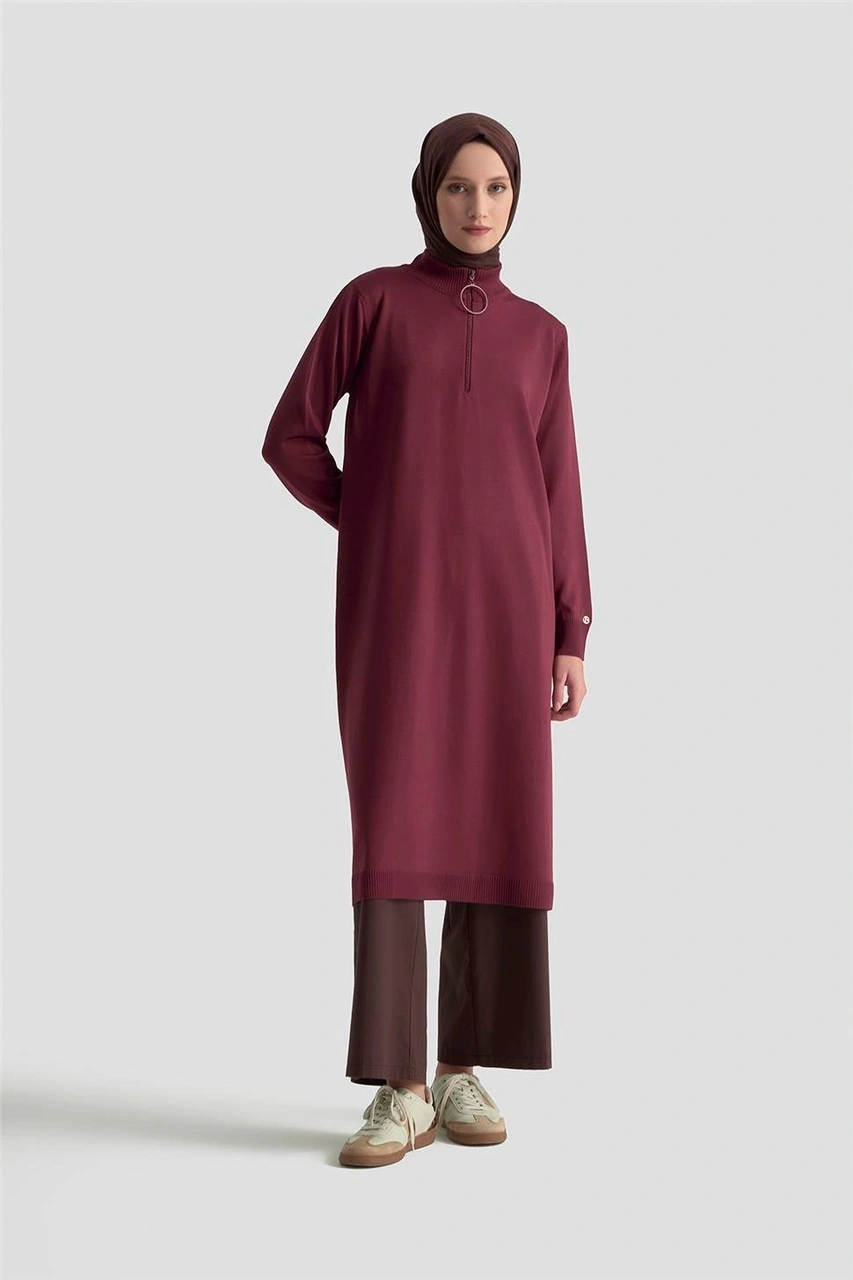 Armine Fermuar Detaylı Triko Tunik 25ktd4113 Bordo Bordo