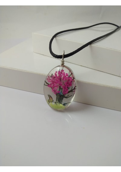Yaşayan Canli Kolye/Kelebek Desenli Kurutulmuş Gelin Çiçeği-  Pemb Rose Gold