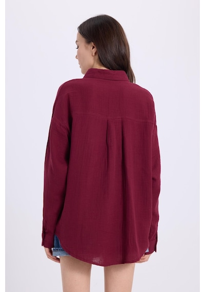 Tudors Kadın Oversize Geniş Kesim %100 Pamuk Müslin Kumaş Uzun Kollu Cepli Dokulu Bordo Gömlek-36982 Bordo