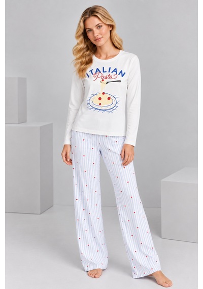 Pijamask Kadın Italian Pasta Baskılı Mavi Çizgili Bol Paça Pamuklu Pijama Takımı Beyaz