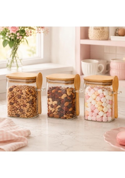 3'lü 500 Ml Kaşıklı Cam Kavanoz Seti, Bambu Kapaklı Şeffaf Baharatlık Ve Saklama Kabı, Kahve Çay Şeker Tuz Ve Kuru Gıda İçin Çok Renkli