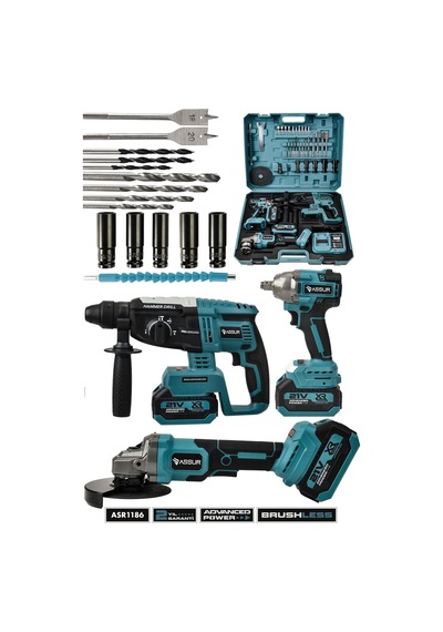 Assur 21V Çift Akülü 3'lü Set Taşlama+kırıcı Delici Hilti+somun Sıkma Sökme - 2775
